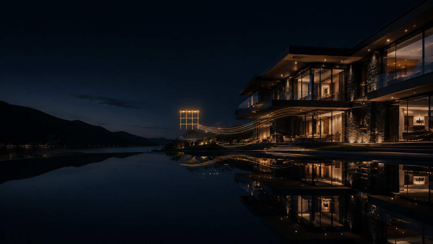 Modern luxury residence illuminated at dusk